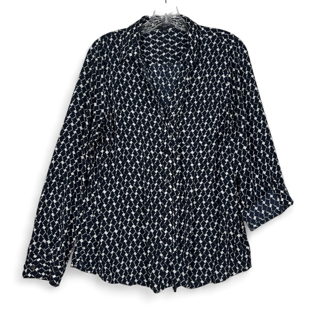 The Limited Ashton Button Down Top Womens Sz L Navy Blue White Geo